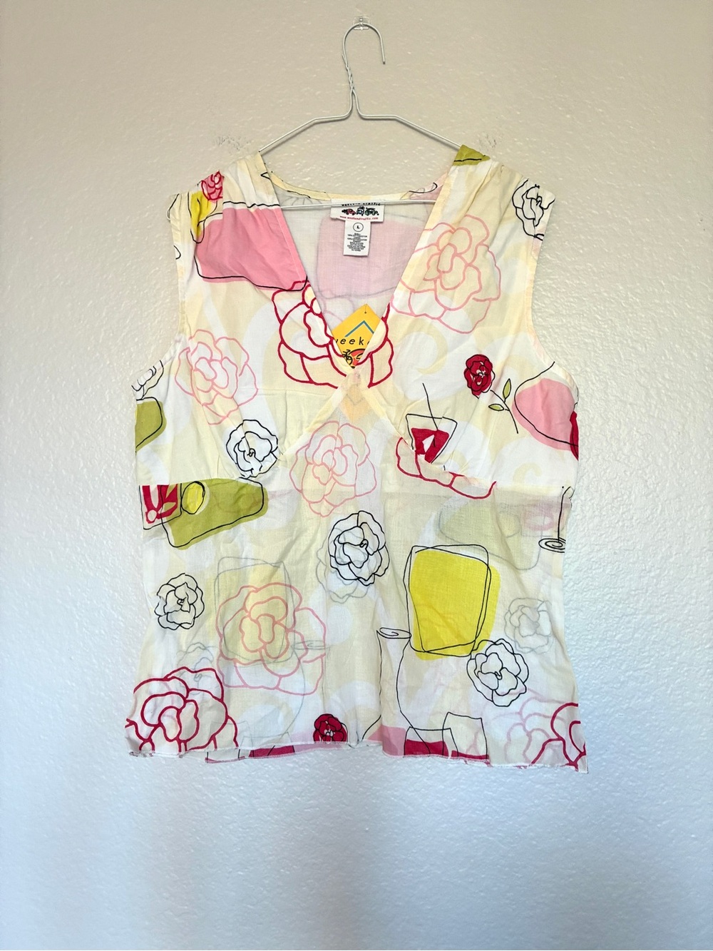 Weekend Traffic 100% Cotton Floral V-Neck Sleeveless Babydoll Top Y2K Pink White